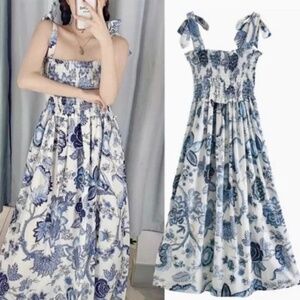 Boho Floral Print Smocked Maxi Dress with Tie Straps Blue White Size S
